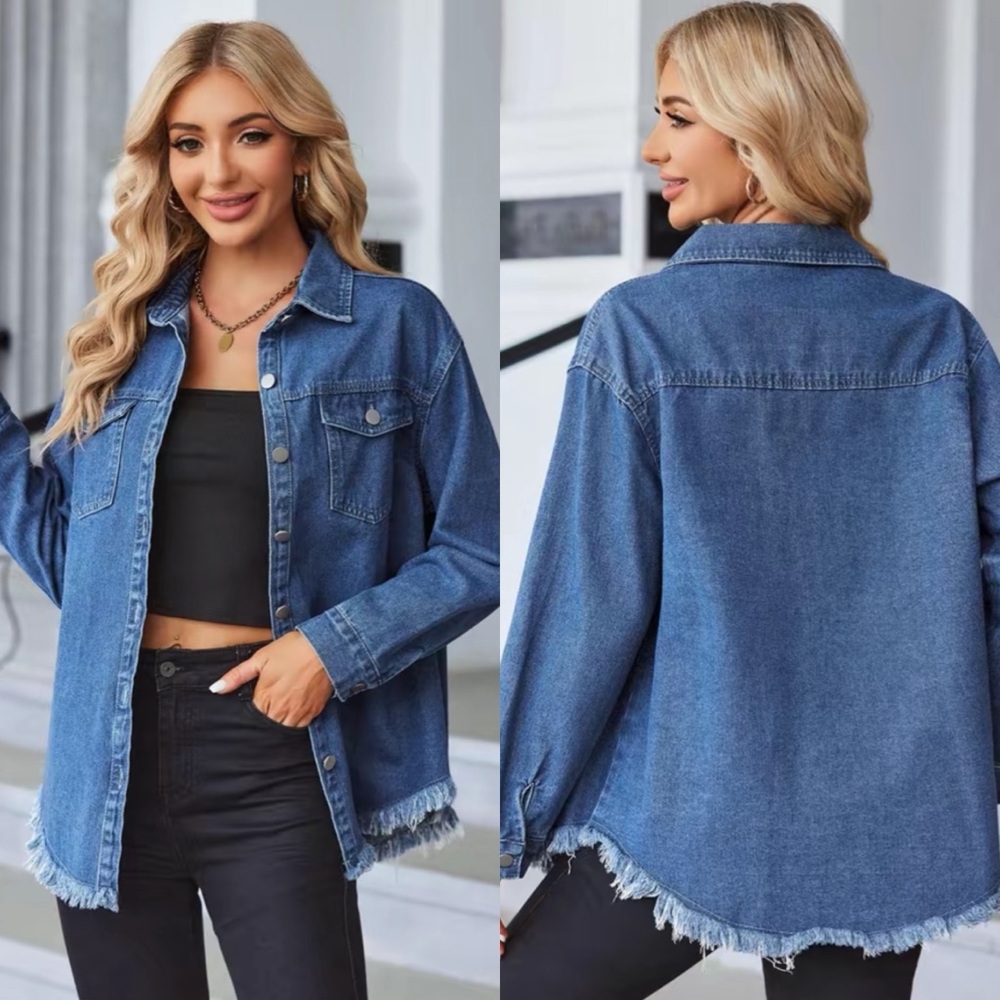 Stylish Blue Denim Jacket with Frayed Hem SZ S - Picture 8 of 8